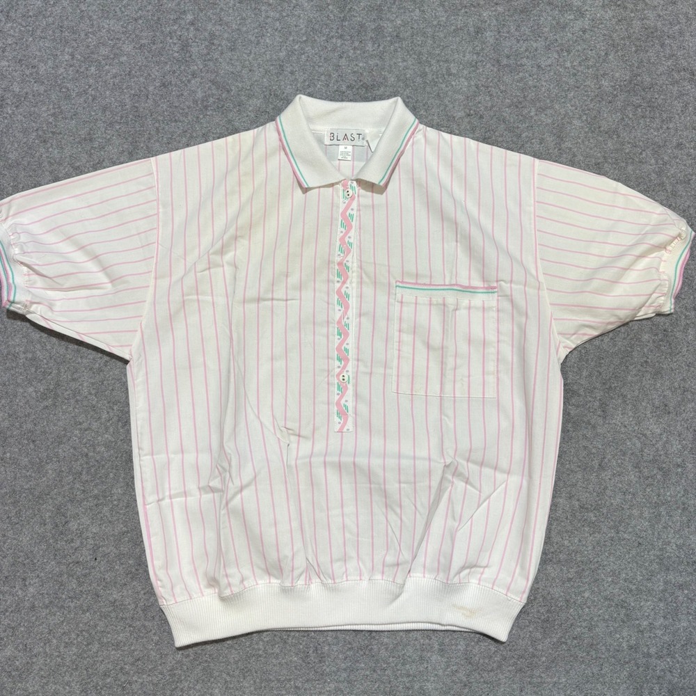 Vintage Blast Pink Striped Polo Shirt Womens Medium White Teal Retro 80s 90s